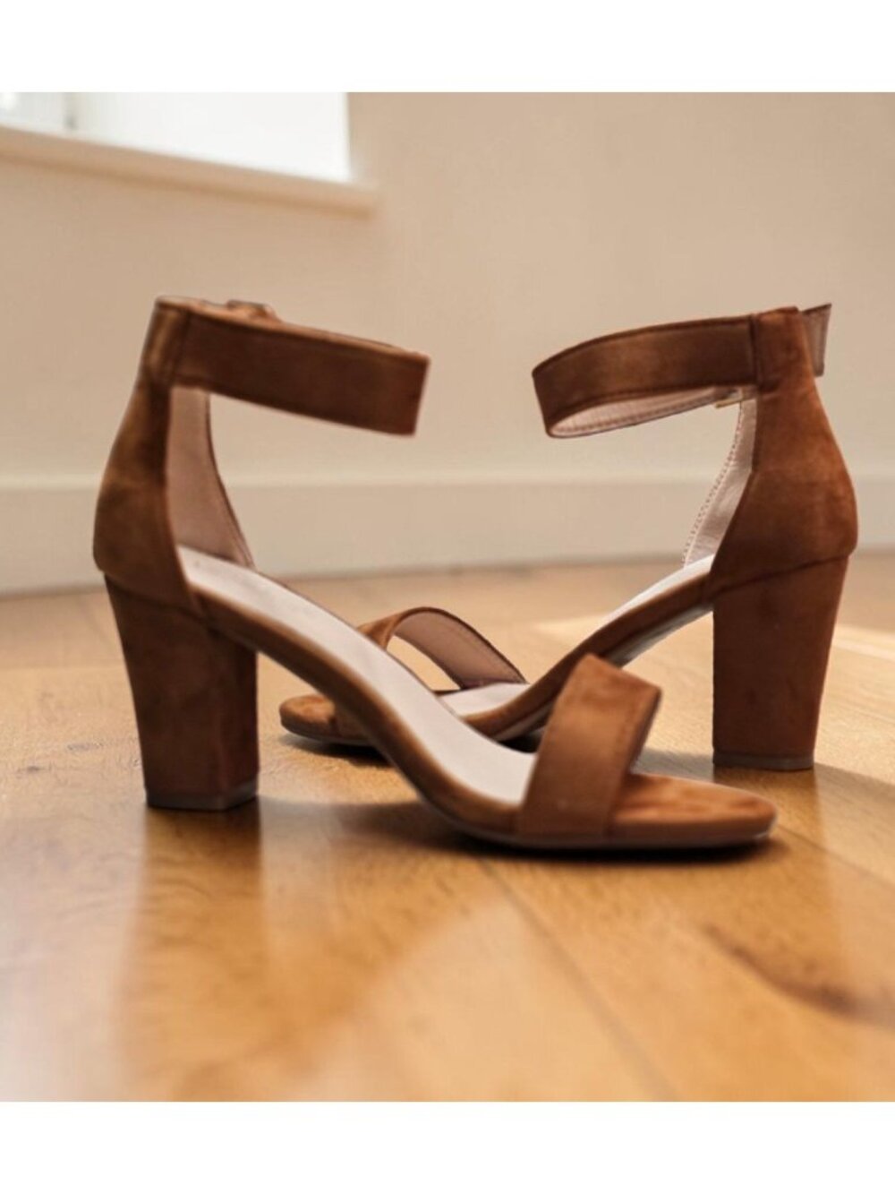Tan Faux Suede Block Heel Sandals With Adjustable Ankle Strap Open Toe Design Wo - Picture 5 of 14